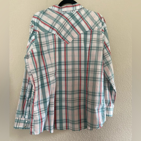 Wrangler Shirt Womens XL Teal Plaid Pearl Snap Western Buffalo - Picture 2 of 5